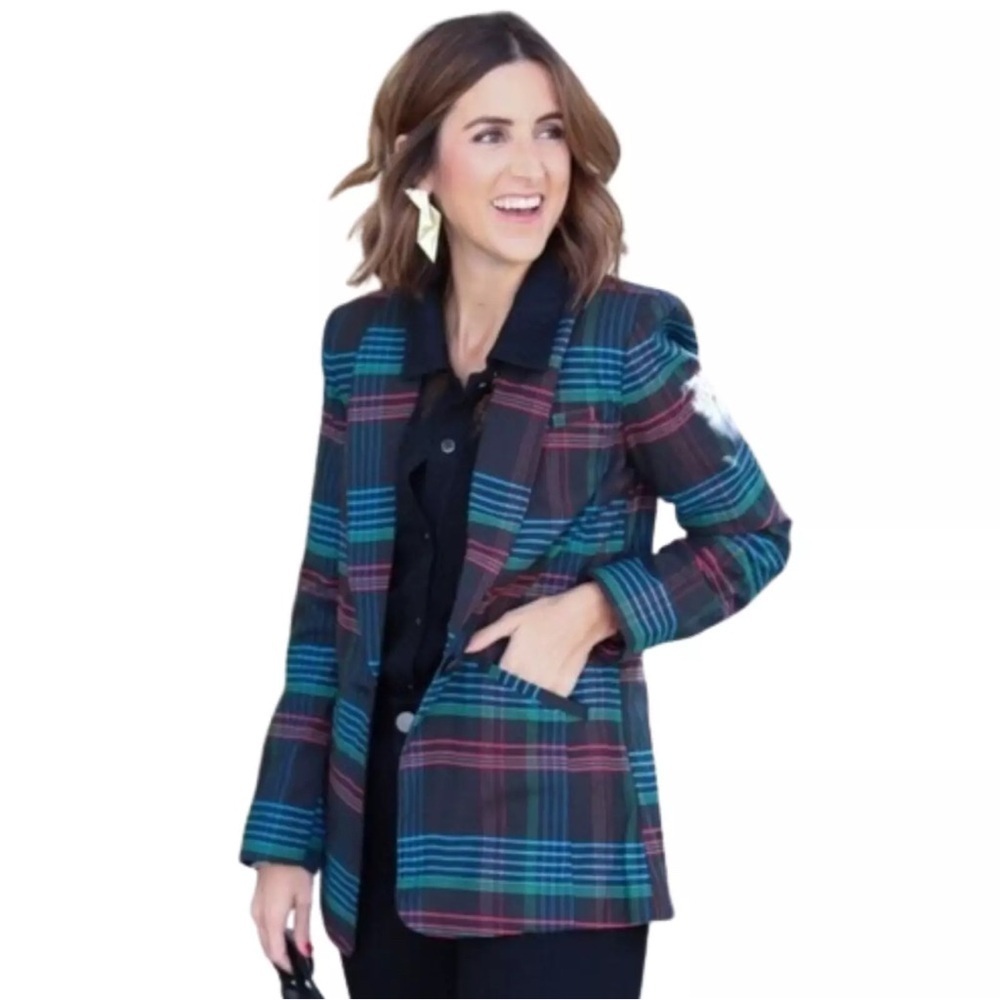 CAbi Holiday One Button Plaid Lapel Collar Blazer Jacket Style 3850 Sz XS - Picture 2 of 7